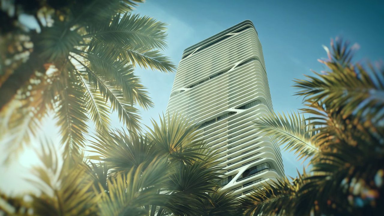 واجهة برج Bugatti Residences Miami من الأسفل بين أشجار النخيل