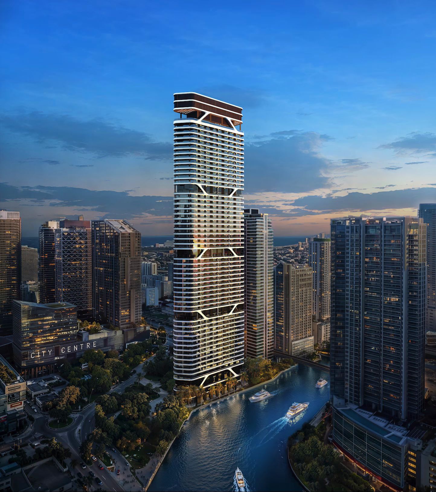 تصوّر معماري لبرج Bugatti Residences Miami على نهر ميامي عند الغسق